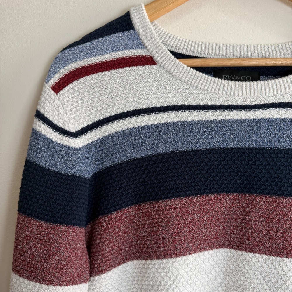 RW&CO Textured Popcorn Knit Striped Sweater Blue Burgundy Mens Large Nautical - Picture 3 of 10
